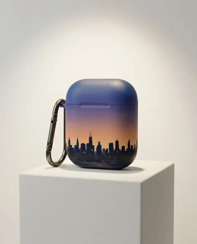 Blue Hour Earbud Case, shown on a gallery plinth