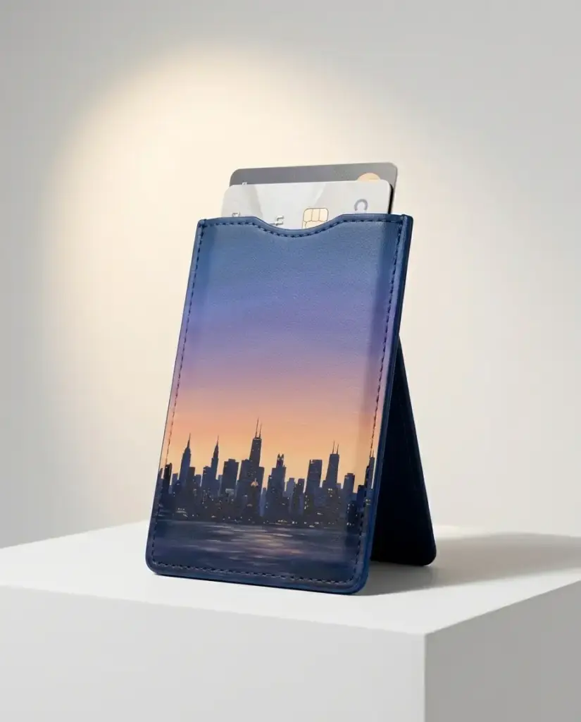 Blue Hour Stand Wallet, shown on a gallery plinth