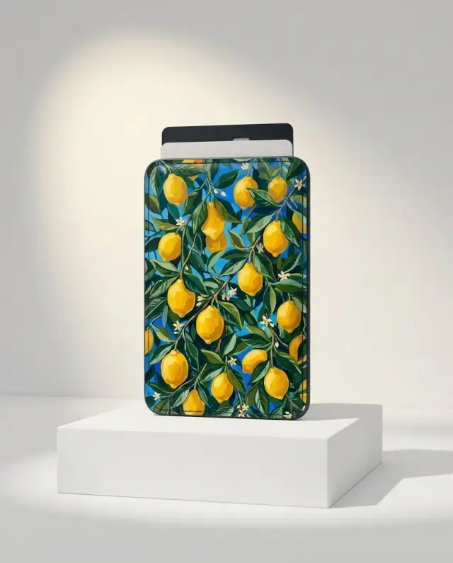 Lemon Grove Card Wallet, shown on a gallery plinth