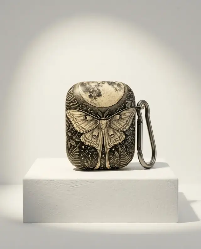 Moth & Moon Earbud Case, shown on a gallery plinth