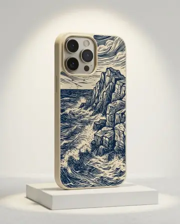 Postcard Coast Hoesje, getoond op een galeriesokkel