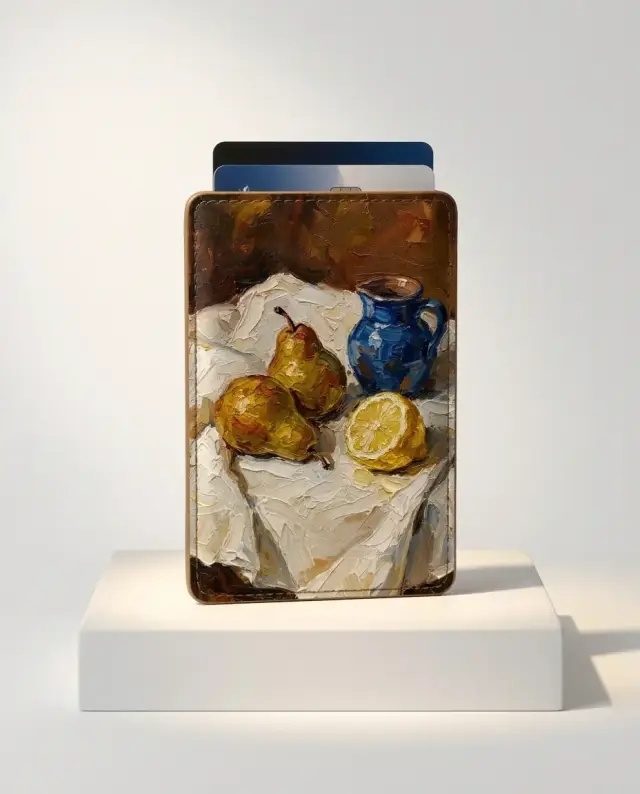 Still Life Stand Wallet, shown on a gallery plinth