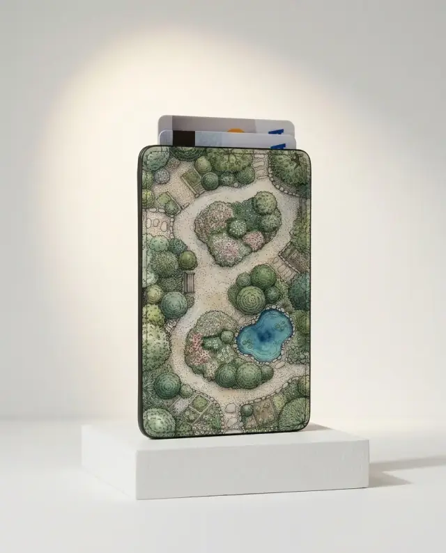 Tiny Garden Card Wallet, shown on a gallery plinth