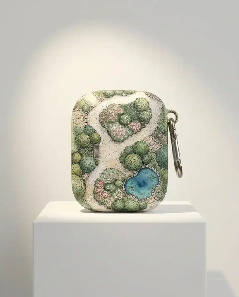 Tiny Garden Earbud Case, shown on a gallery plinth